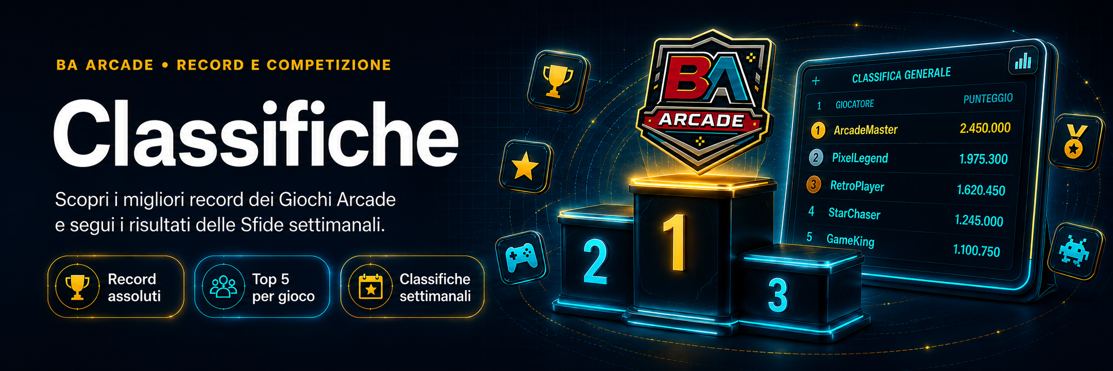 Classifiche BA Arcade. Record assoluti, Top 5 per gioco e classifiche settimanali.