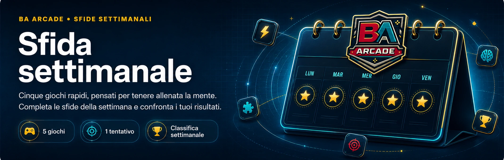 Sfida settimanale. Cinque giochi rapidi, pensati per tenere allenata la mente. Completa le sfide della settimana e confronta i tuoi risultati.