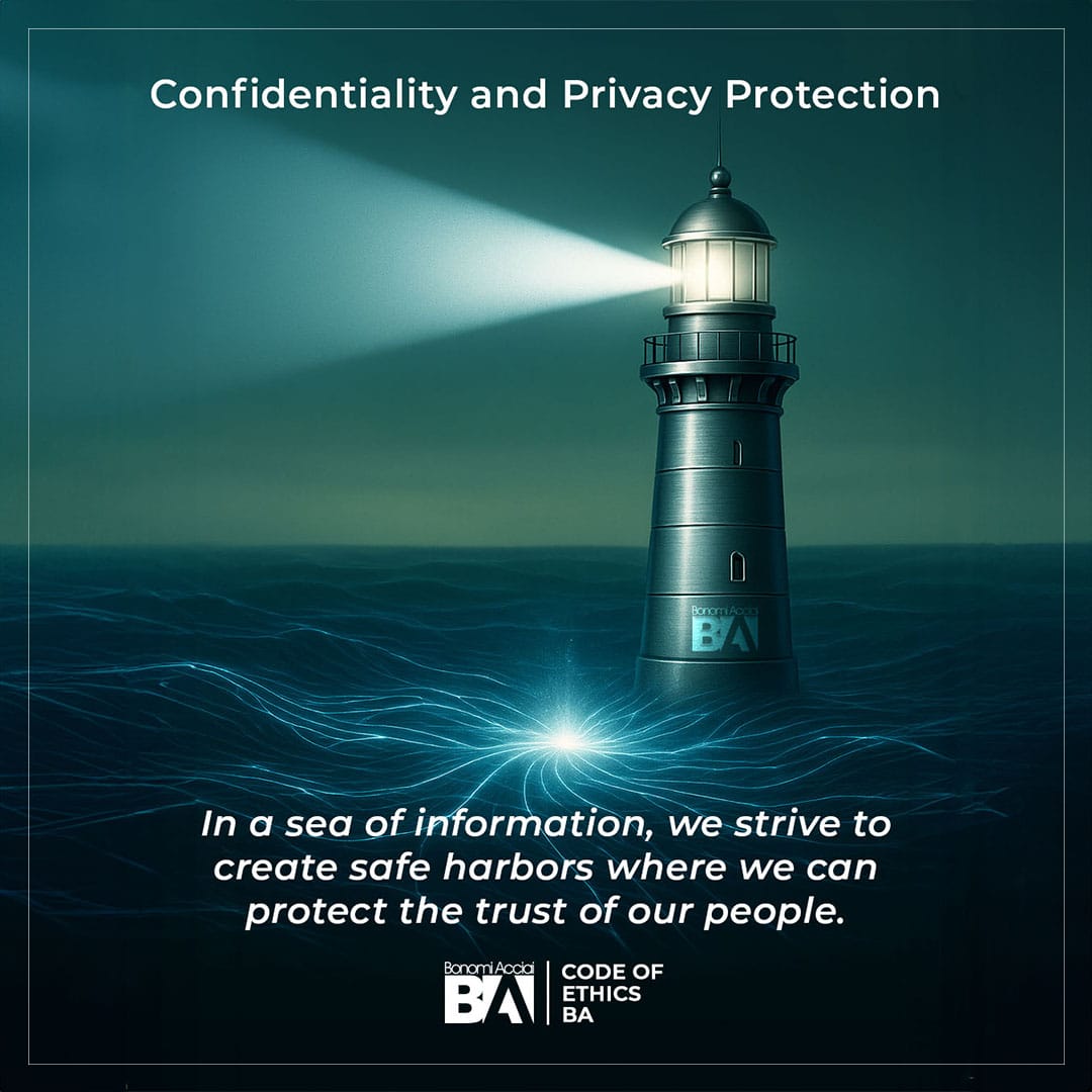 Bonomi Acciai, depicted as a safe harbor, symbolizes the daily commitment to privacy protection and data security. In a sea of information, responsible management and a culture of confidentiality reduce risks, building a more secure future and protecting the trust that unites us.