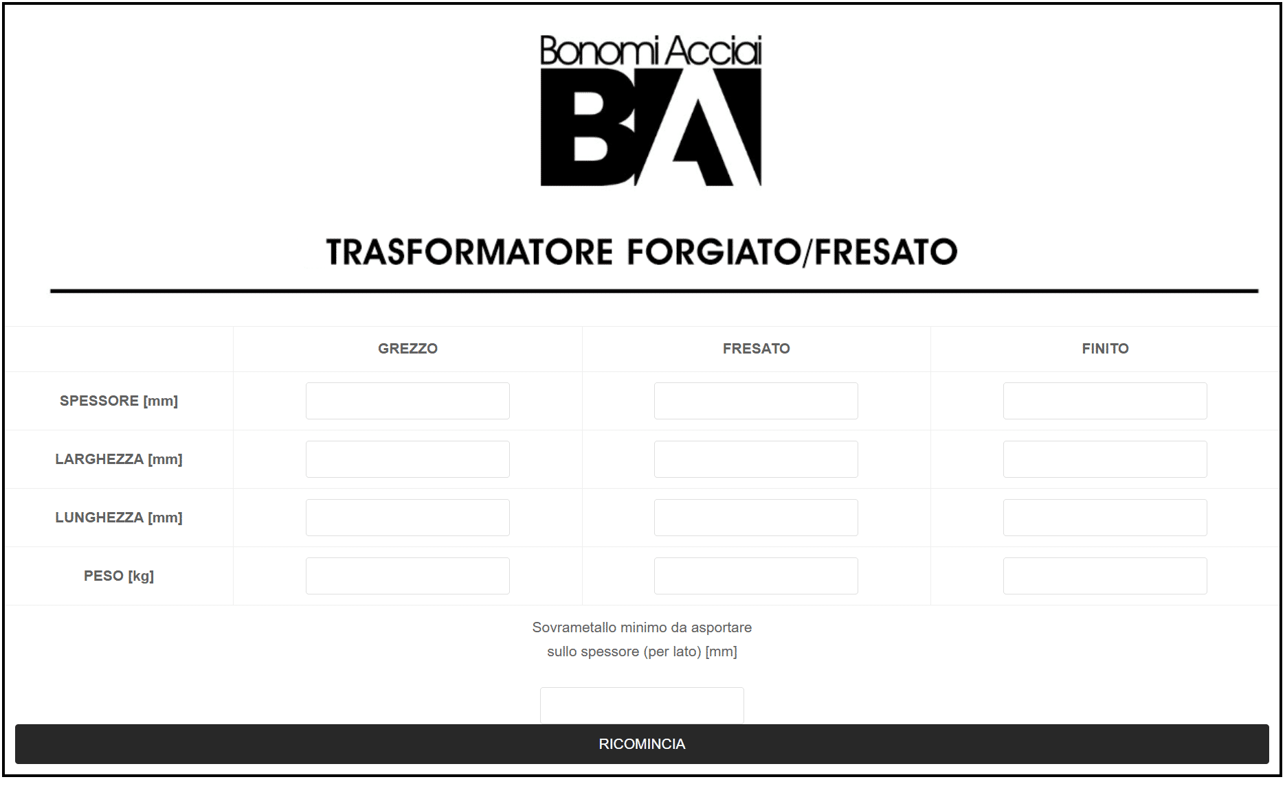 Trasformatore forgiato/fresato Bonomi Acciai: calcolatore sovrametallo minimo da asportare