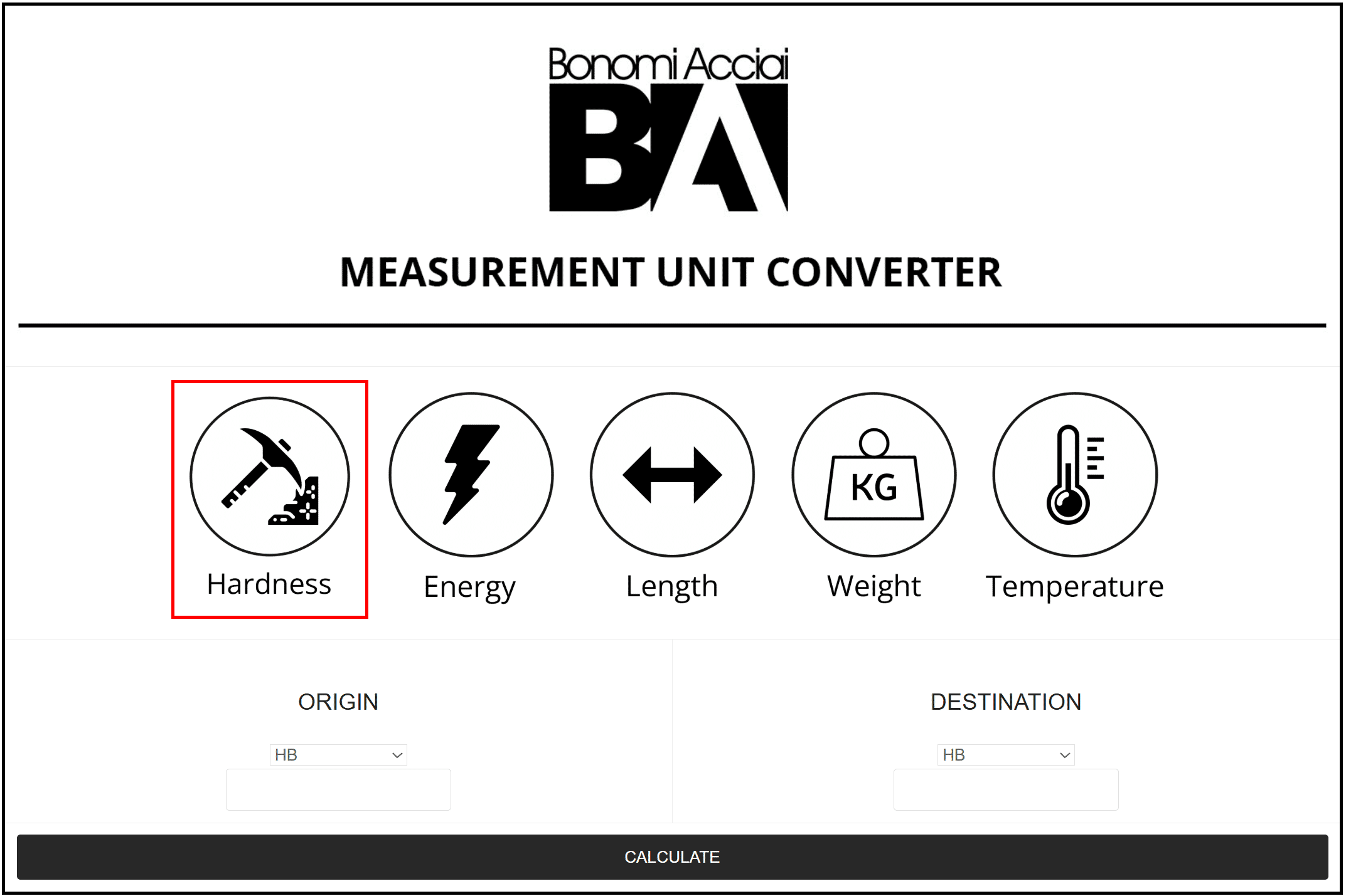 Bonomi Acciai online unit converter: hardness, energy, length, weight and temperature