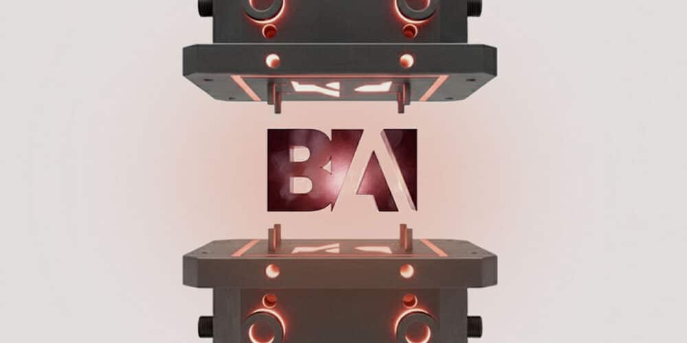 Graphic showing an open steel mold with the Bonomi Acciai logo at the center as the cast part, representing the die casting process with special steels according to NADCA standards.