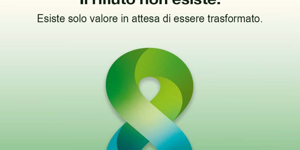 Illustrazione concettuale sul recupero totale dell’acciaio: simbolo a forma di infinito in tonalità verdi e blu che rappresenta l’economia circolare e la trasformazione continua delle risorse, con headline “Focus Green Steel”, claim sulla valorizzazione degli scarti e branding Bonomi Acciai e Swiss Steel Group.