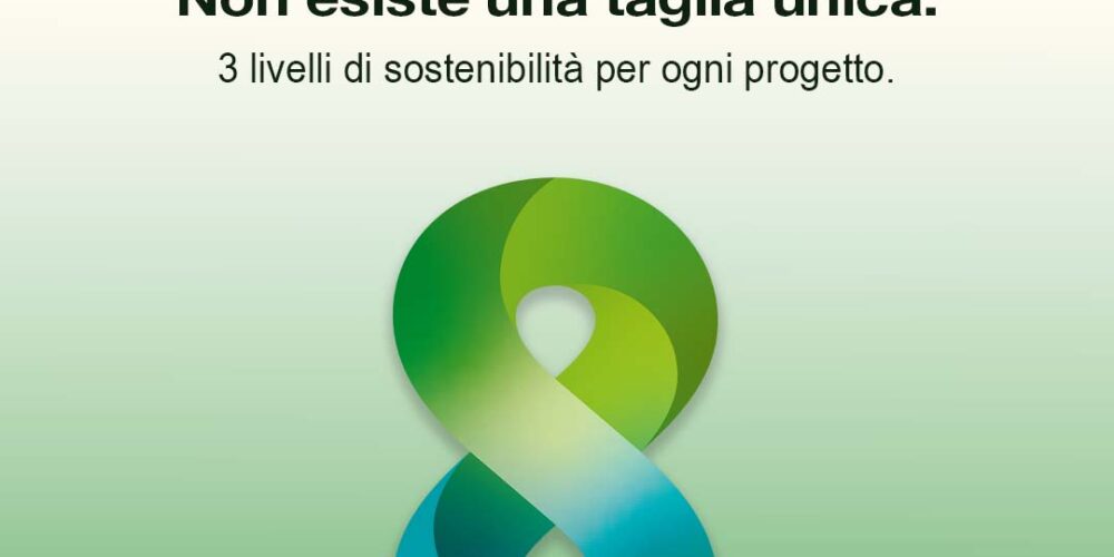 Immagine concettuale sulla sostenibilità dell’acciaio: simbolo a forma di infinito in tonalità verdi e blu che rappresenta i tre livelli di Green Steel, con headline “Focus Green Steel”, messaggio sulla sostenibilità non standardizzata e branding Bonomi Acciai e Swiss Steel Group.