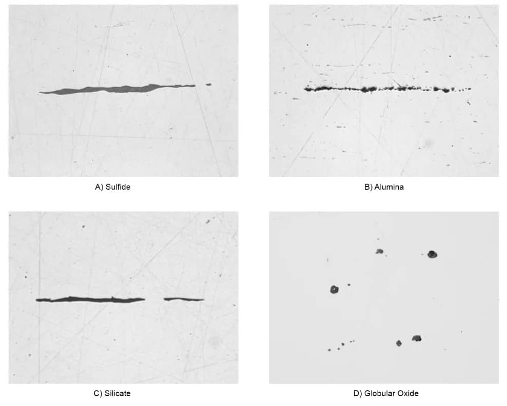 Non-metallic inclusions in steel: examples of sulfides, aluminates, silicates and globular oxides according to ASTM E45 classification.
